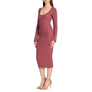 NWT WAYF XL Ribbed knit midi body con dress tie waist viscose/Nylon Deep Mauve